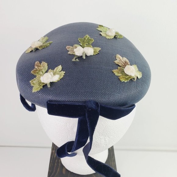 Vtg Original Touster Teentype Women's 3D Floral Blue Wicker Calot Hat Velvet Bow - Picture 4 of 12